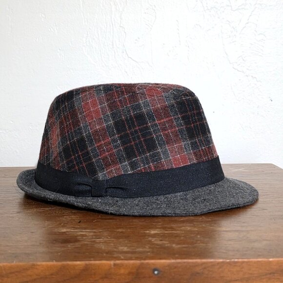 Mens Plaid Wool Fedora Hat Classic Checkered Red Black Gray Casual - Picture 2 of 8
